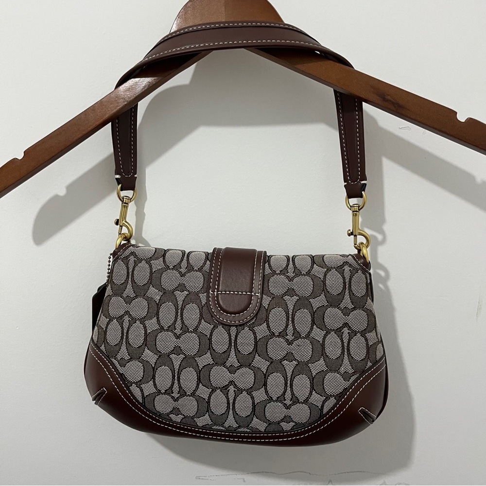 Coach Brown Signature Canvas Shoulder Bag with Leather Trim - Picture 2 of 11
